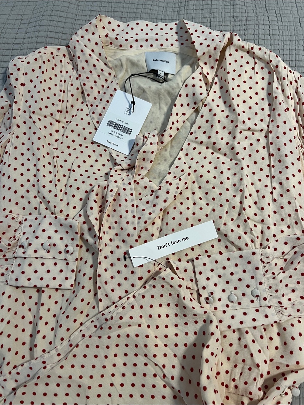 Reformation Marcie Dress Marilyn  Polka Dot Long-Sleeve Mini Dress in Cream/Red - Picture 6 of 6